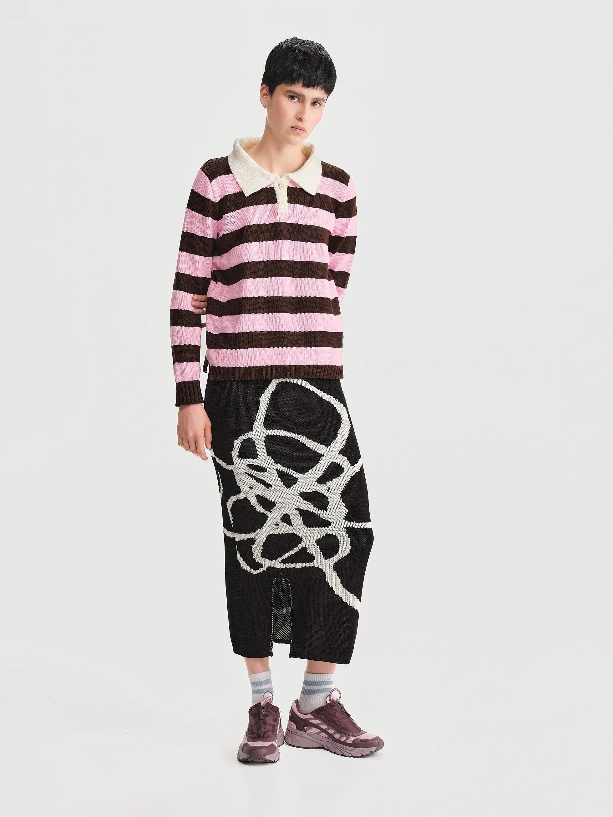 Polo Rayas Combinado Rosado Café Mujer